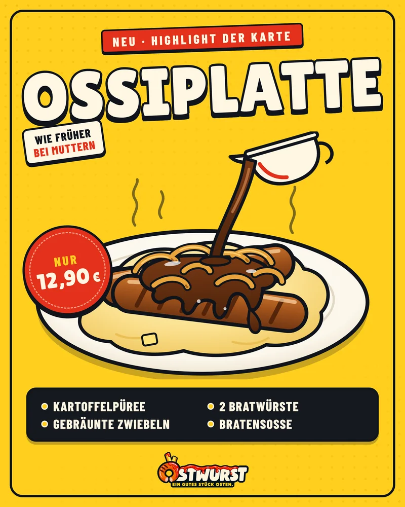 Ossiplatte: Kartoffelpüree, zwei Bratwürste, gebräunte Zwiebeln und Bratensoße