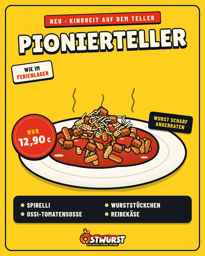 Pionierteller: Spirelli mit Ossi-Tomatensoße, scharf angebratenen Wurststückchen und Reibekäse